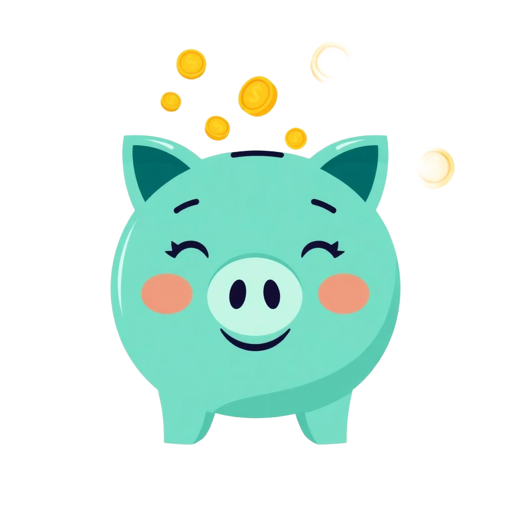Smiling piggy bank with floating coins